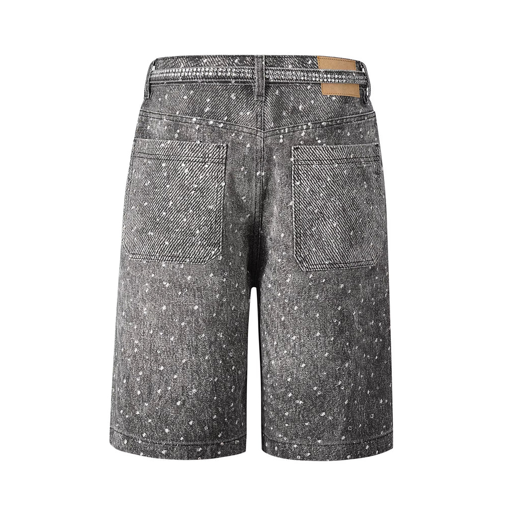 Rhinestone Paint Splash Denim Shorts - Black Wash