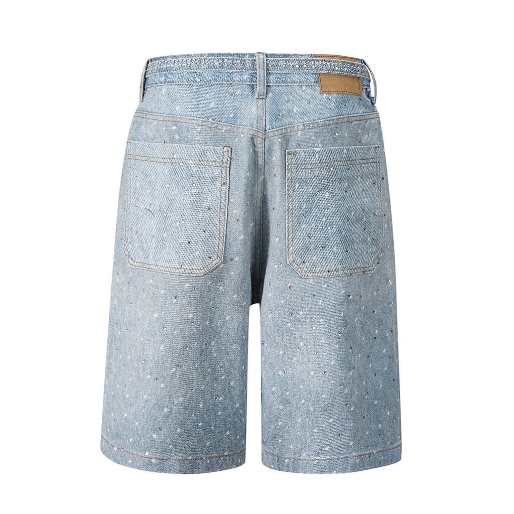 Rhinestone Paint Splash Denim Shorts - Light Blue