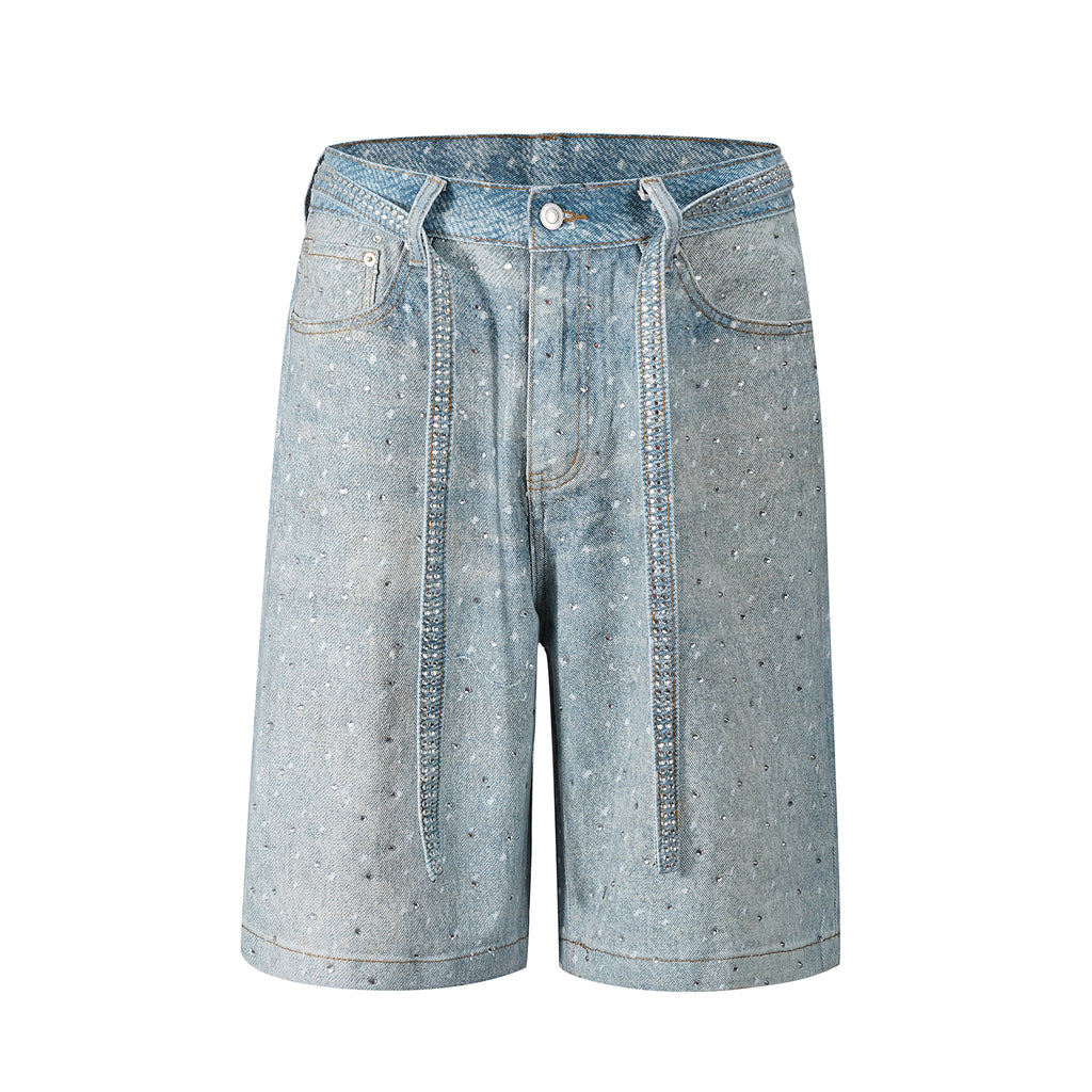 Rhinestone Paint Splash Denim Shorts - Light Blue