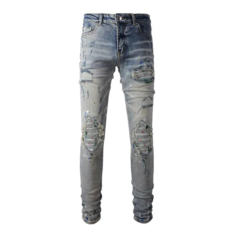 Ripped Paint Splash Panelled Jean - Light Blue - SAINT JAXON