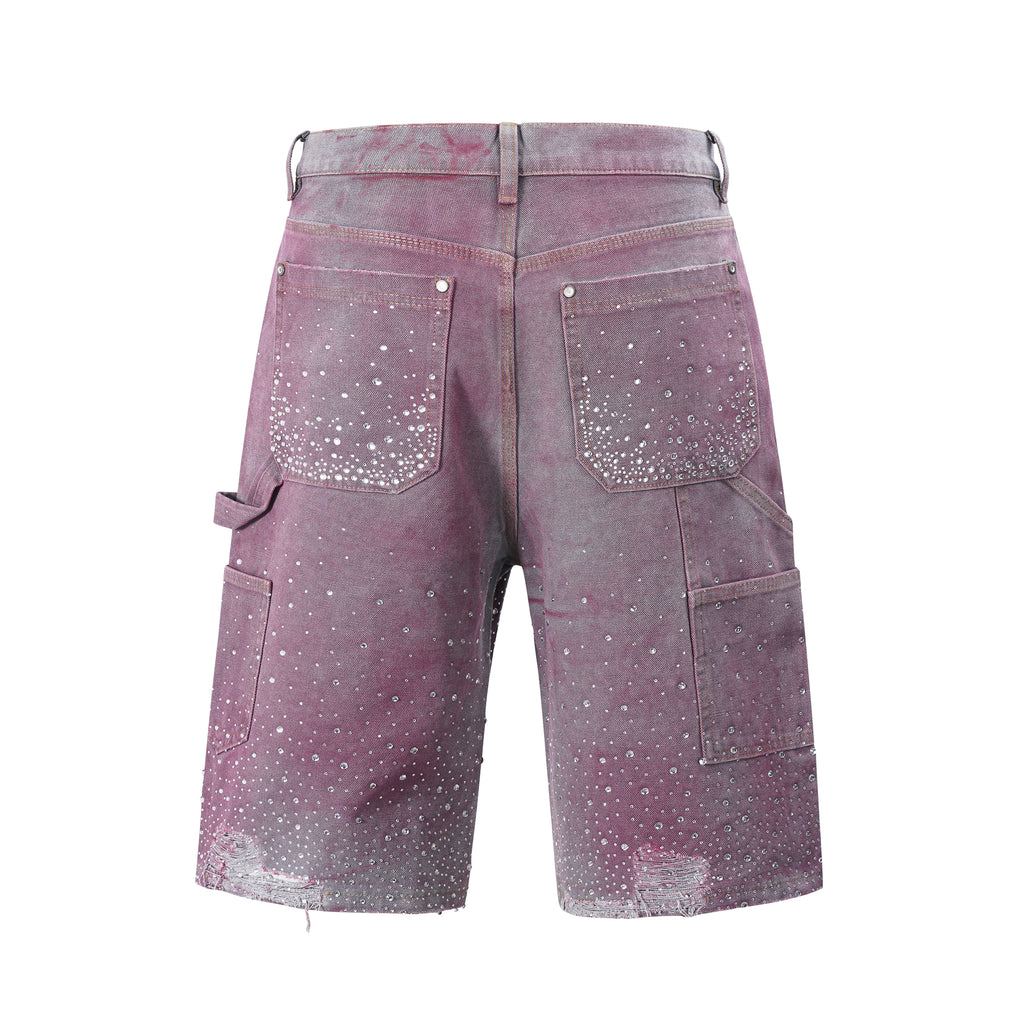 Rhinestone Repaired Cargo Denim Shorts - Purple