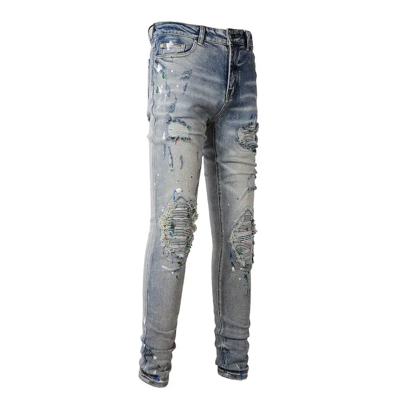 Ripped Paint Splash Panelled Jean - Light Blue - SAINT JAXON