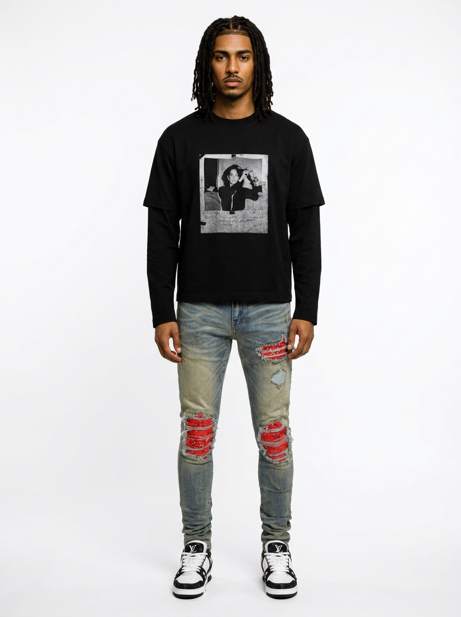 Ripped Panelled Bandana Jean - Rustic Blue