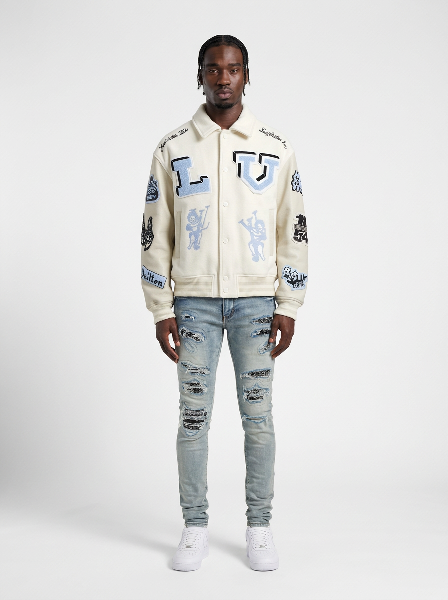 Ripped Panelled Bandana Jean - Blue Fade