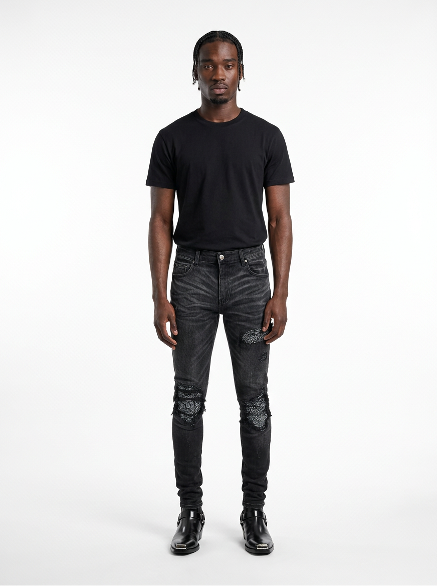 Ripped Panelled Bandana Jean - Washed Black