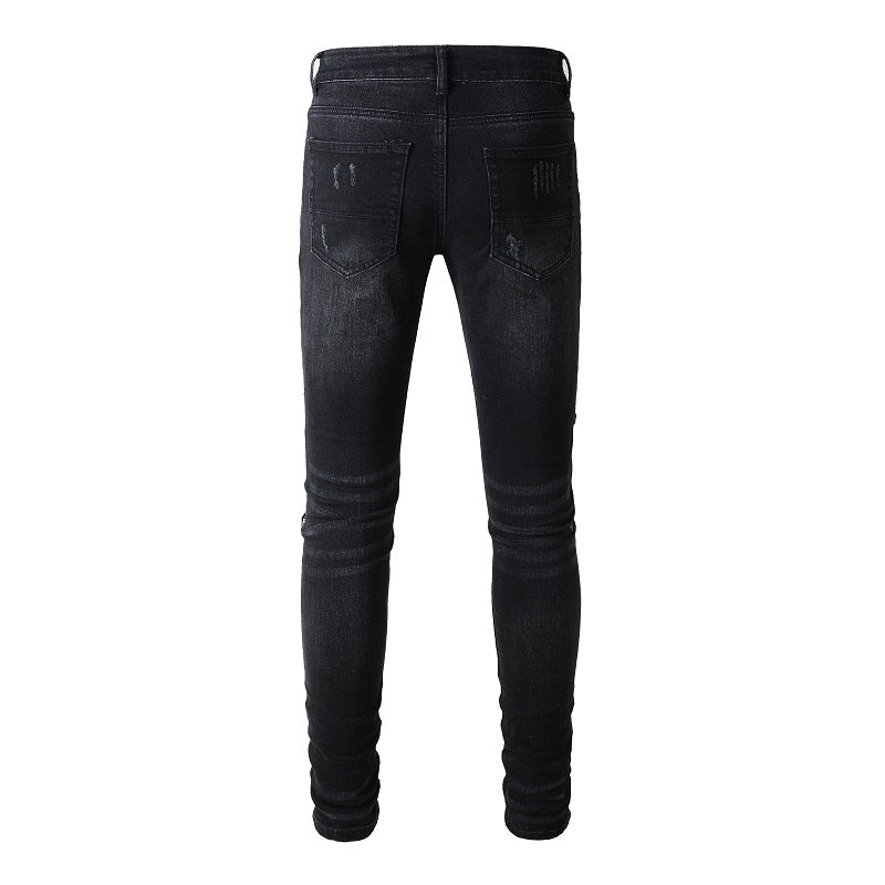 Ripped Panelled Multi Bandana Jean - Black