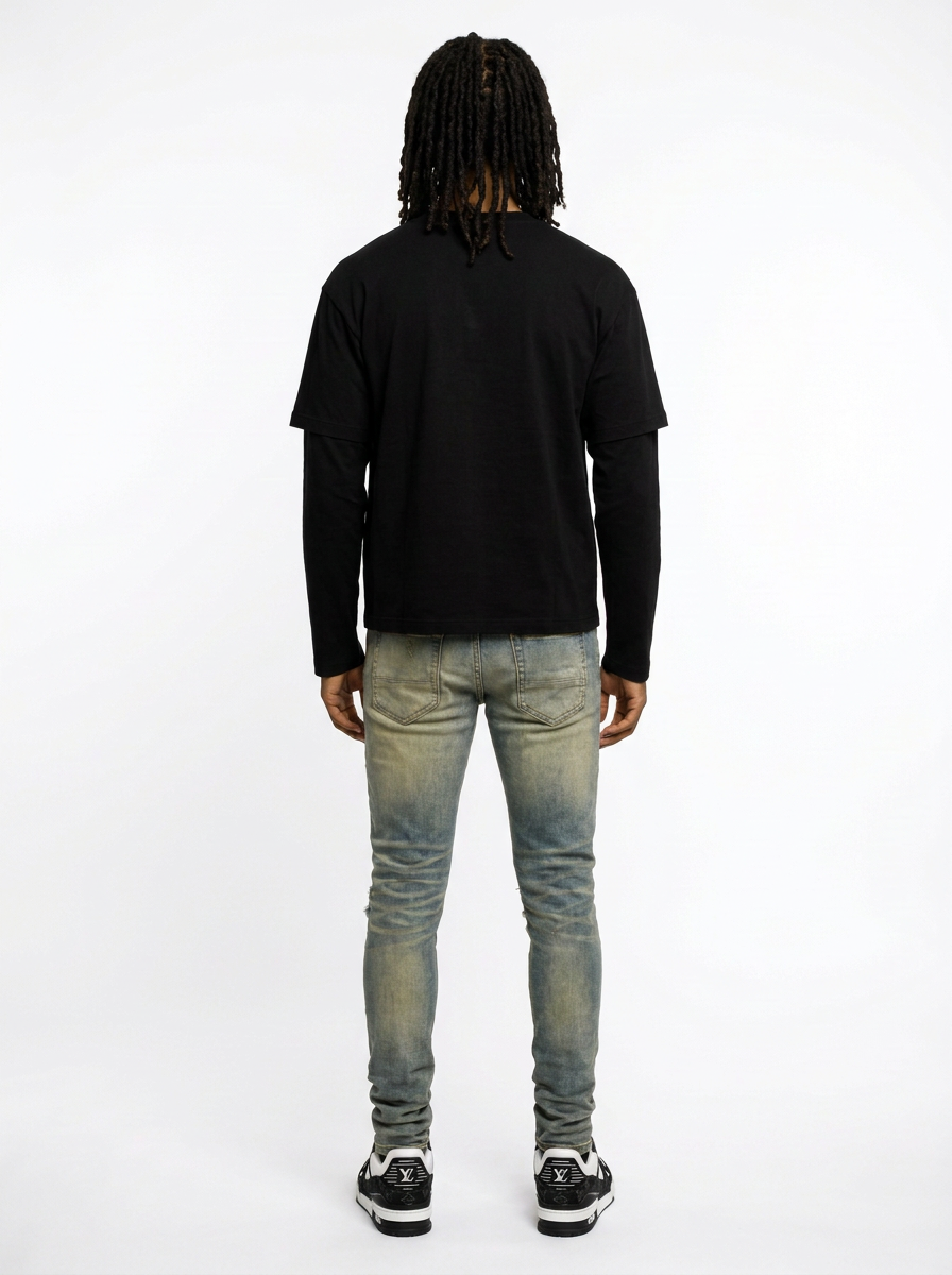 Ripped Panelled Bandana Jean - Rustic Blue