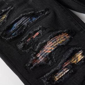 Ripped Panelled Multi Bandana Jean - Black