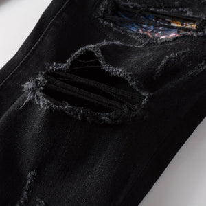 Ripped Panelled Multi Bandana Jean - Black