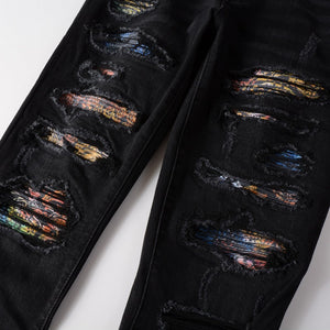 Ripped Panelled Multi Bandana Jean - Black