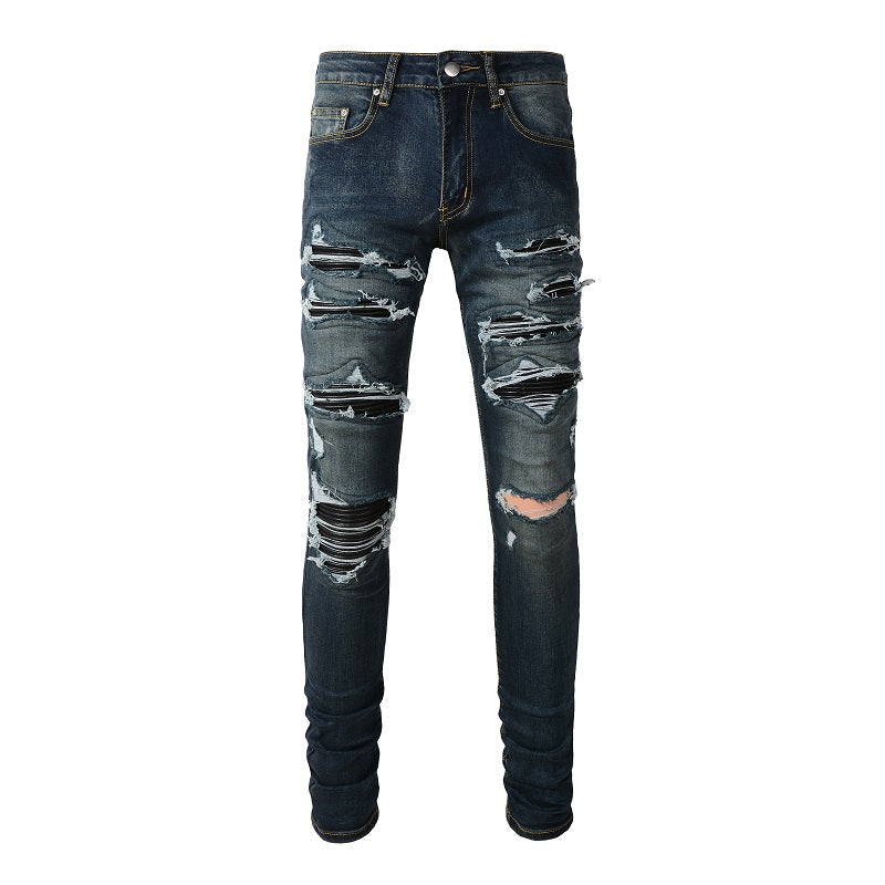 Ripped Panelled Patched Jean - Dark Blue