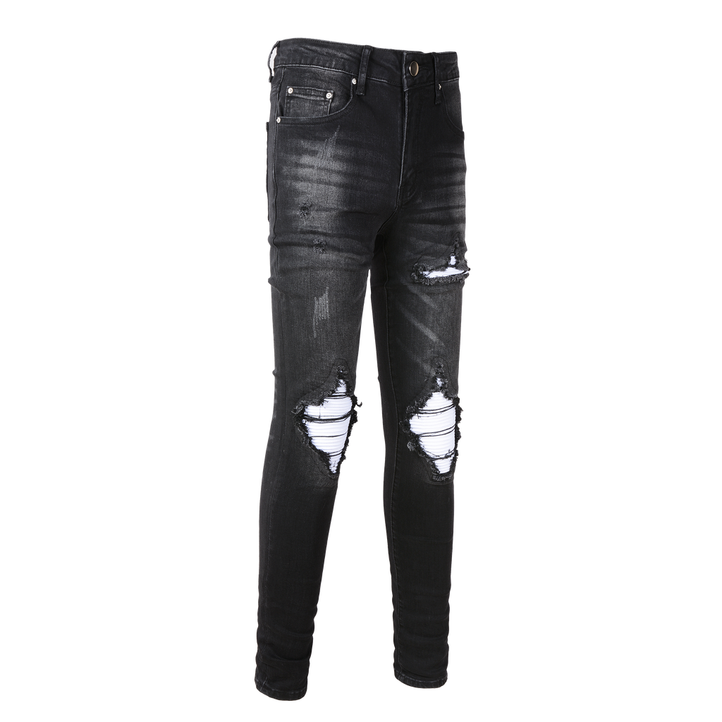 Ripped White Panelled Patched Jean - Black