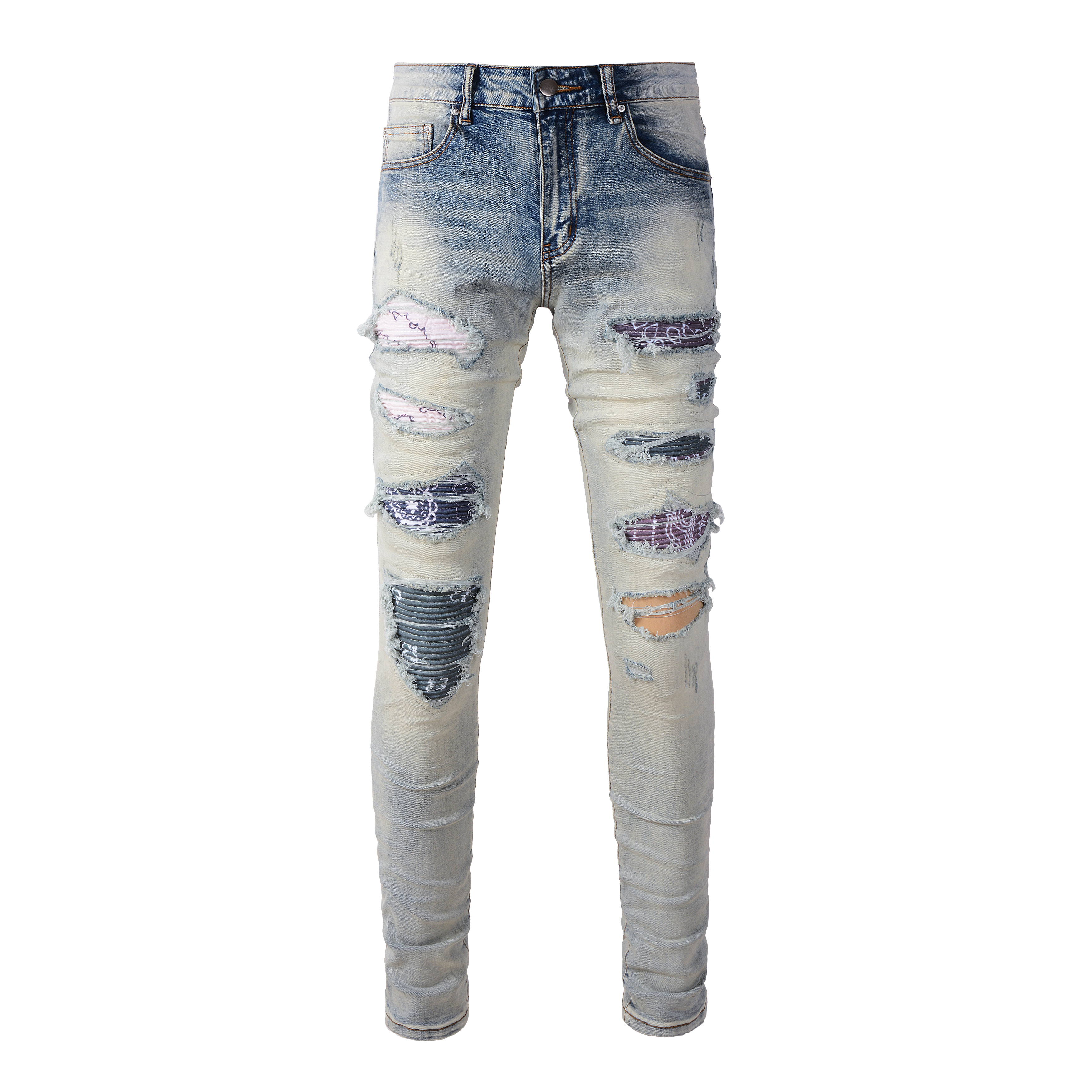 Ripped Panelled Multi Bandana Jean - Light Blue