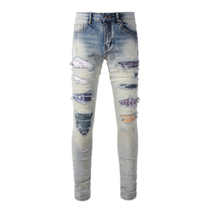 Ripped Panelled Multi Bandana Jean - Light Blue