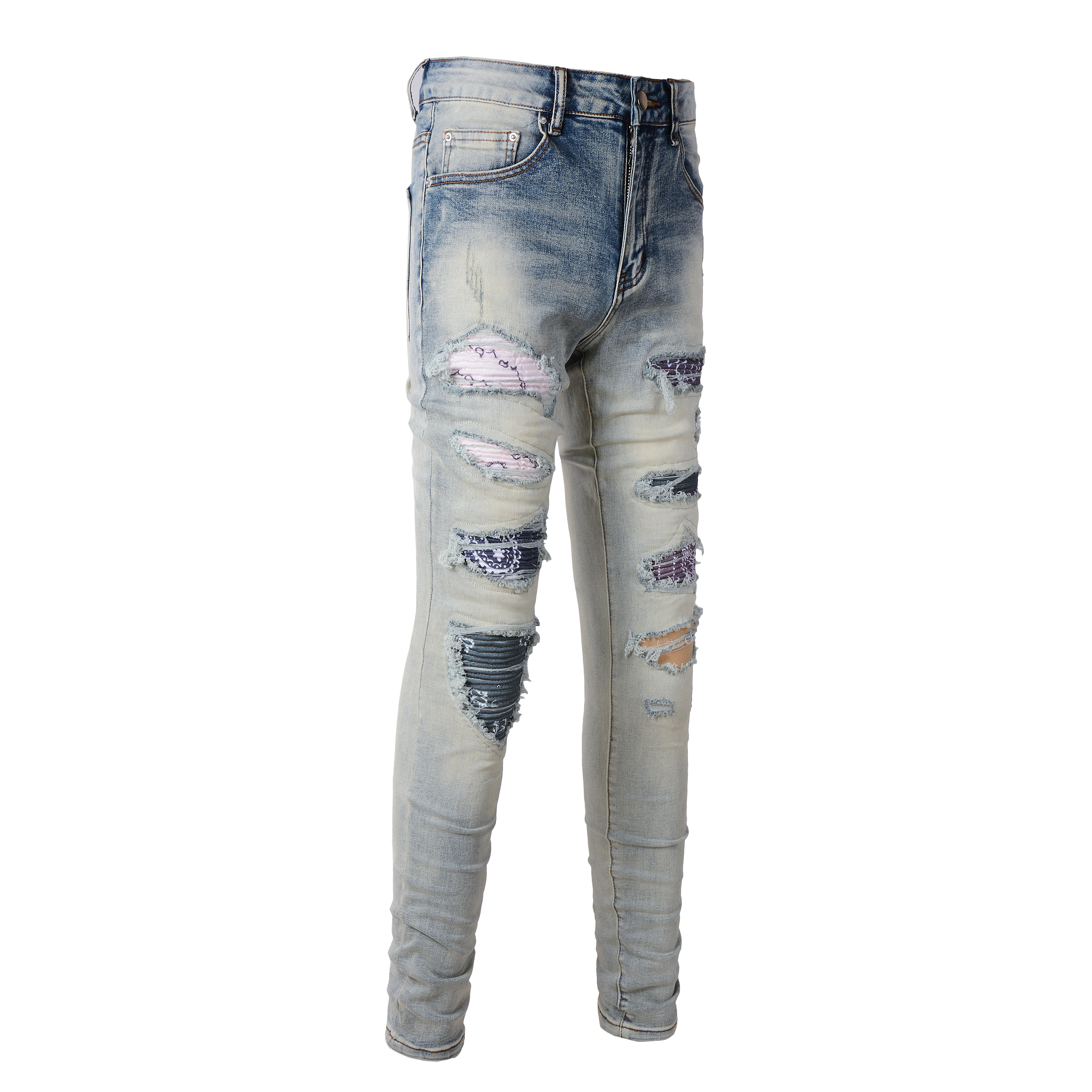 Ripped Panelled Multi Bandana Jean - Light Blue