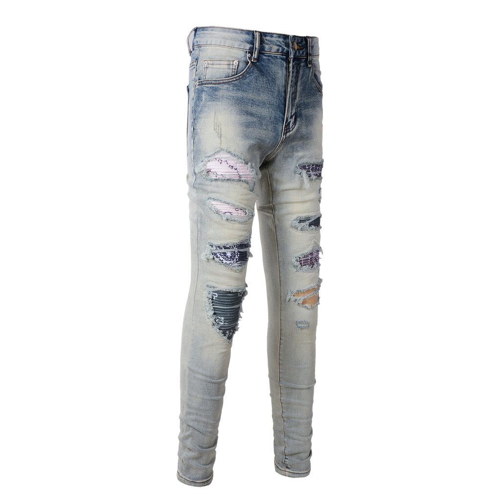 Ripped Panelled Multi Bandana Jean - Light Blue
