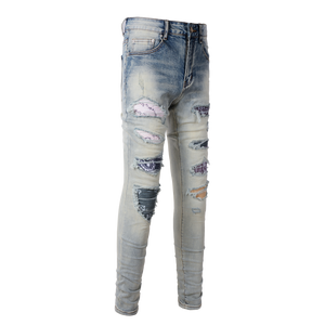 Ripped Panelled Multi Bandana Jean - Light Blue