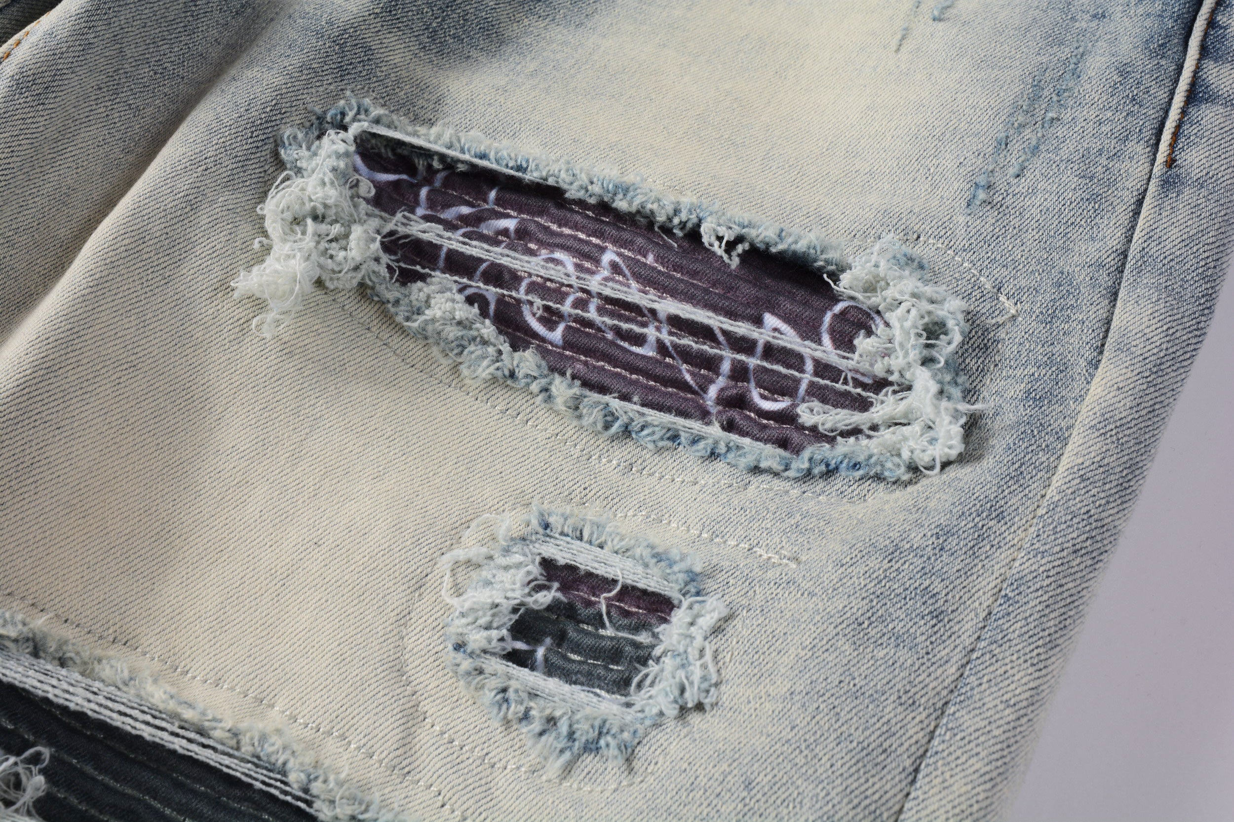 Ripped Panelled Multi Bandana Jean - Light Blue