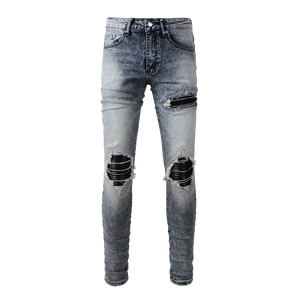 Ripped Panelled Patched Jean - Grey Fade