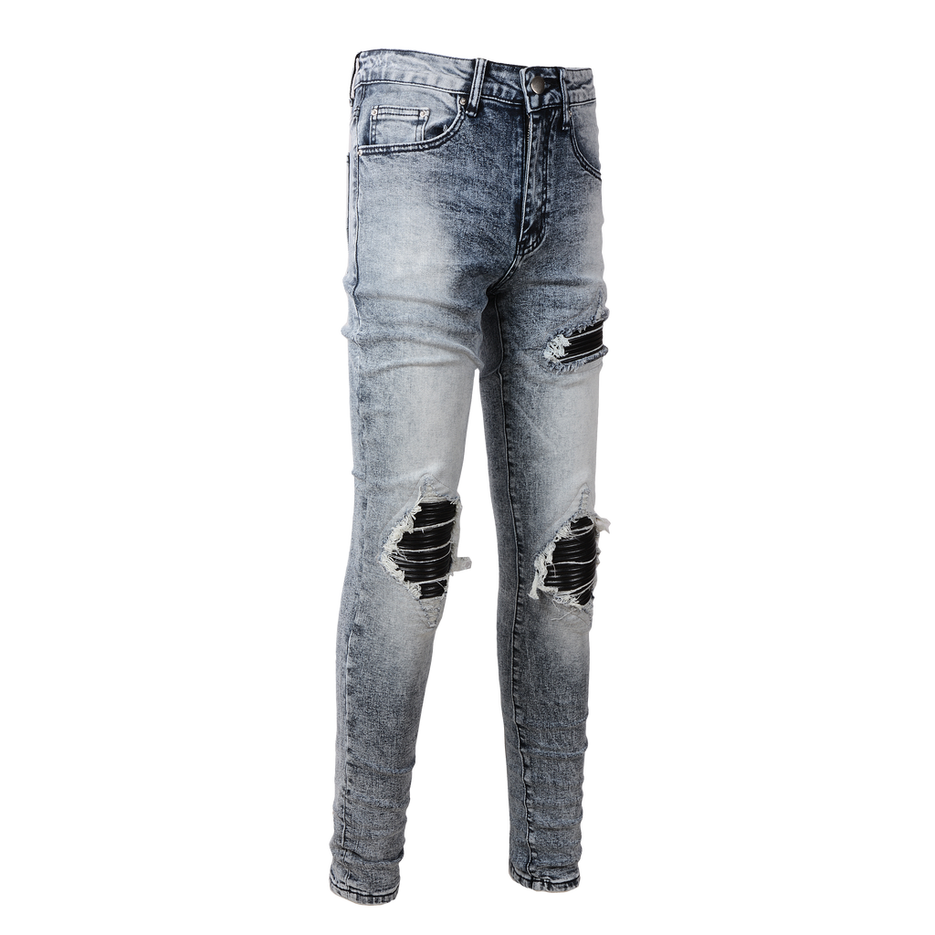 Ripped Panelled Patched Jean - Grey Fade