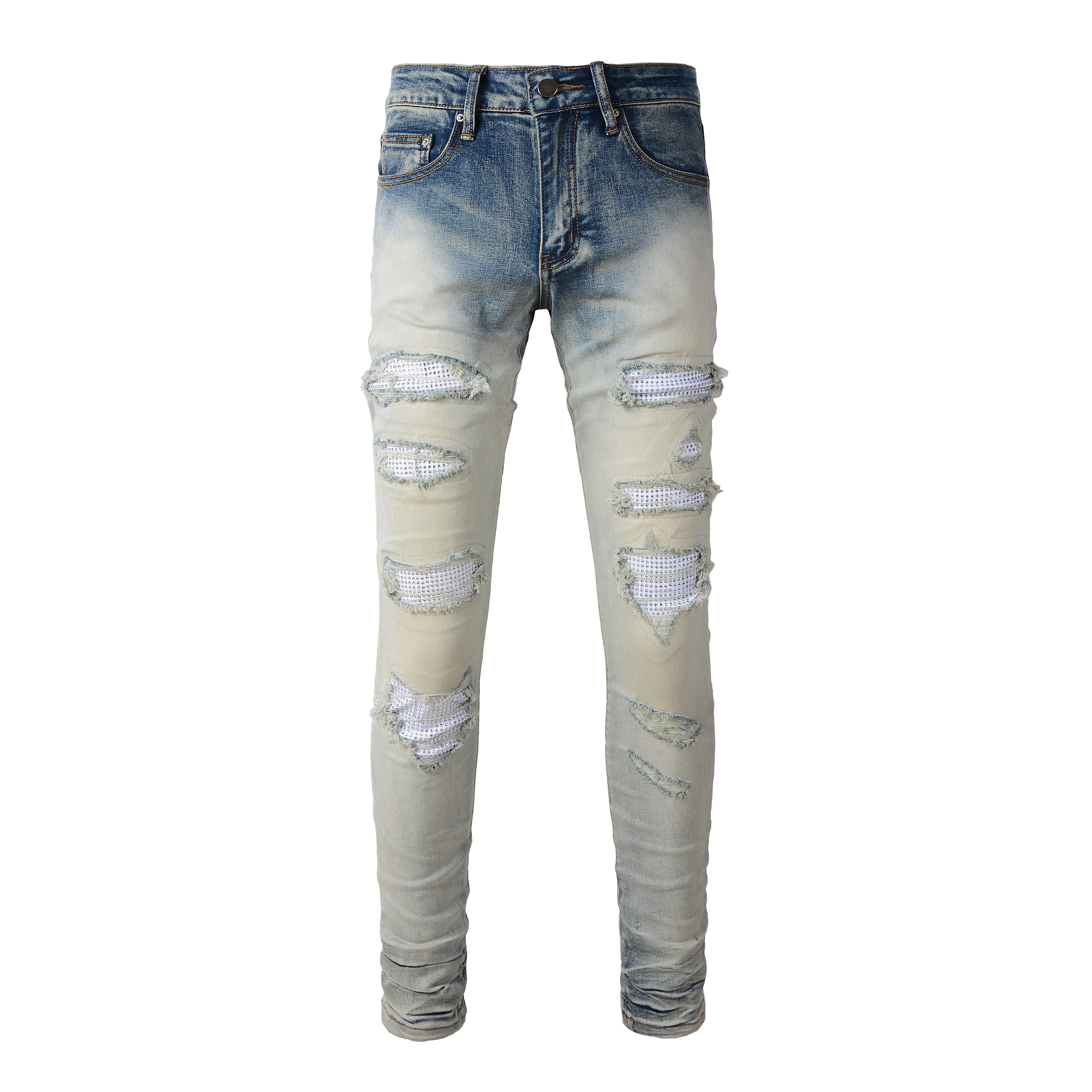 Ripped Rhinestone Jean - Bleached Blue