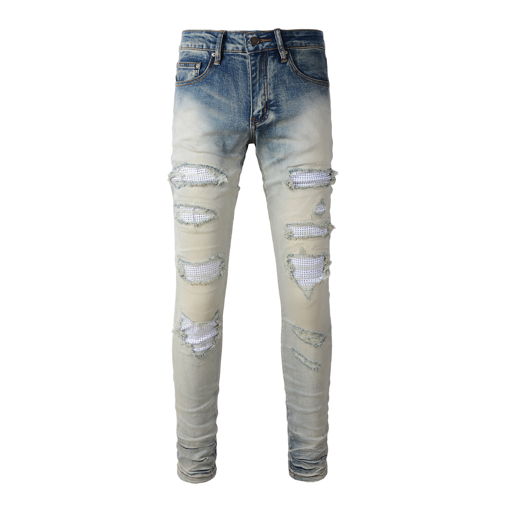 Ripped Rhinestone Jean - Bleached Blue