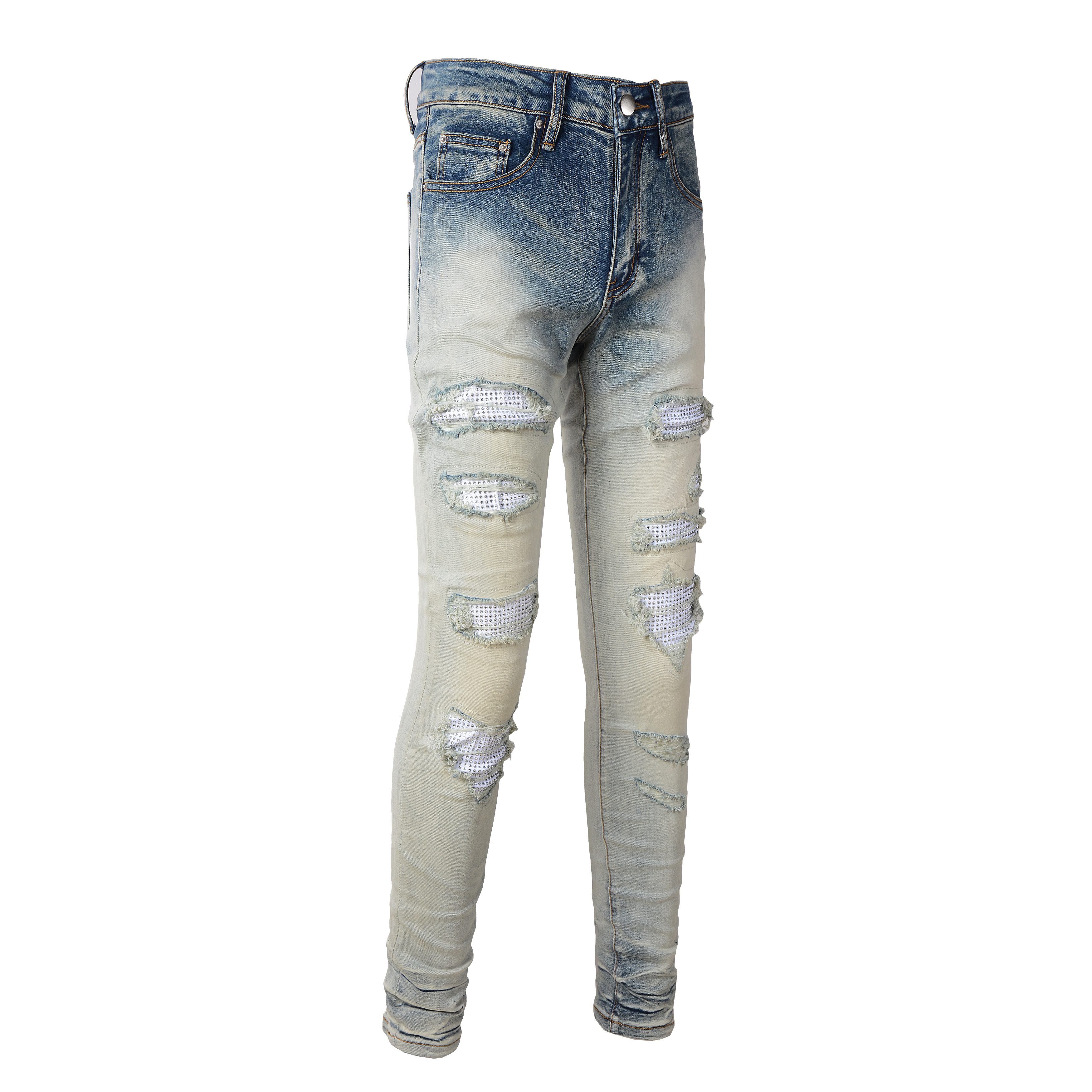 Ripped Rhinestone Jean - Bleached Blue