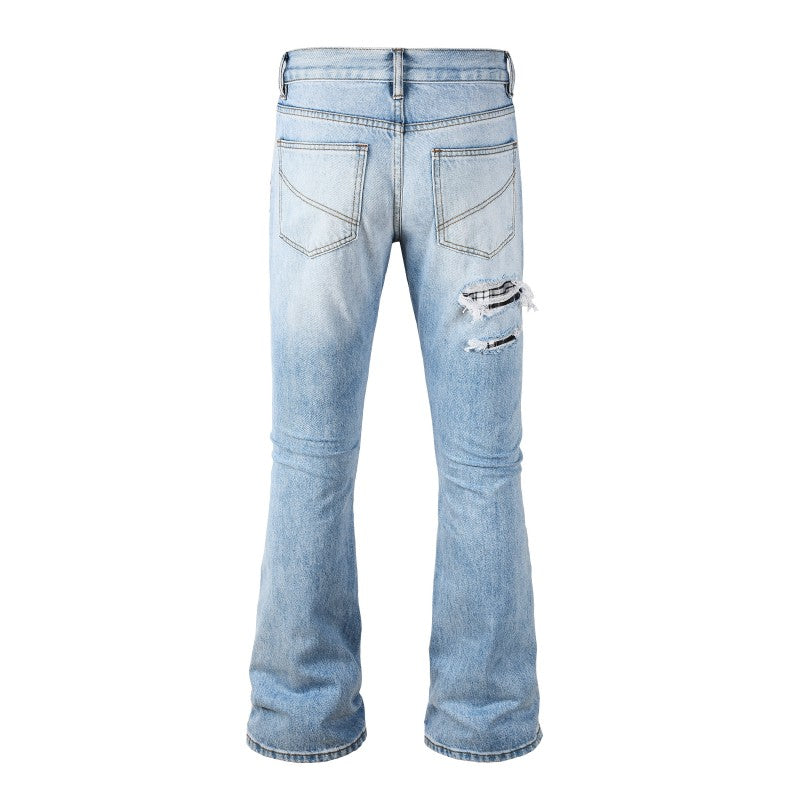 Plaid Patched Ripped Flared Jean - Light Blue