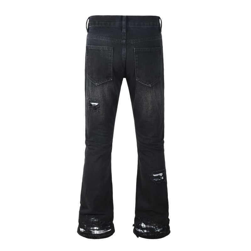 Plaid Patched Ripped Flared Jean - Black