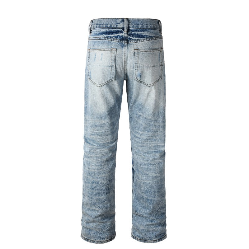 Colour Patched Ripped Straight Jean - Ice Blue