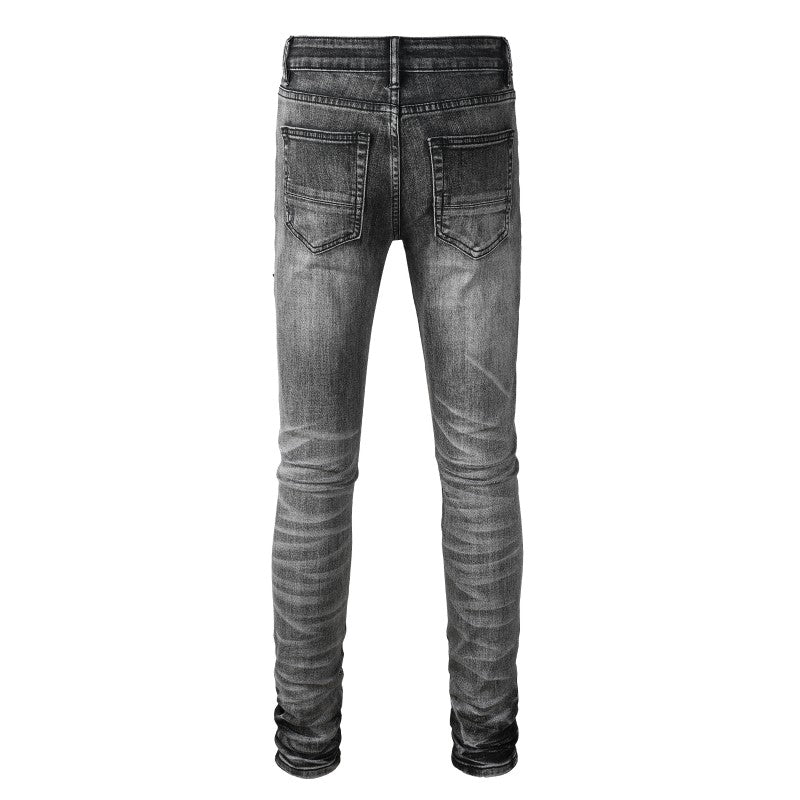 Ripped Red Patched Panel Jean - Grey