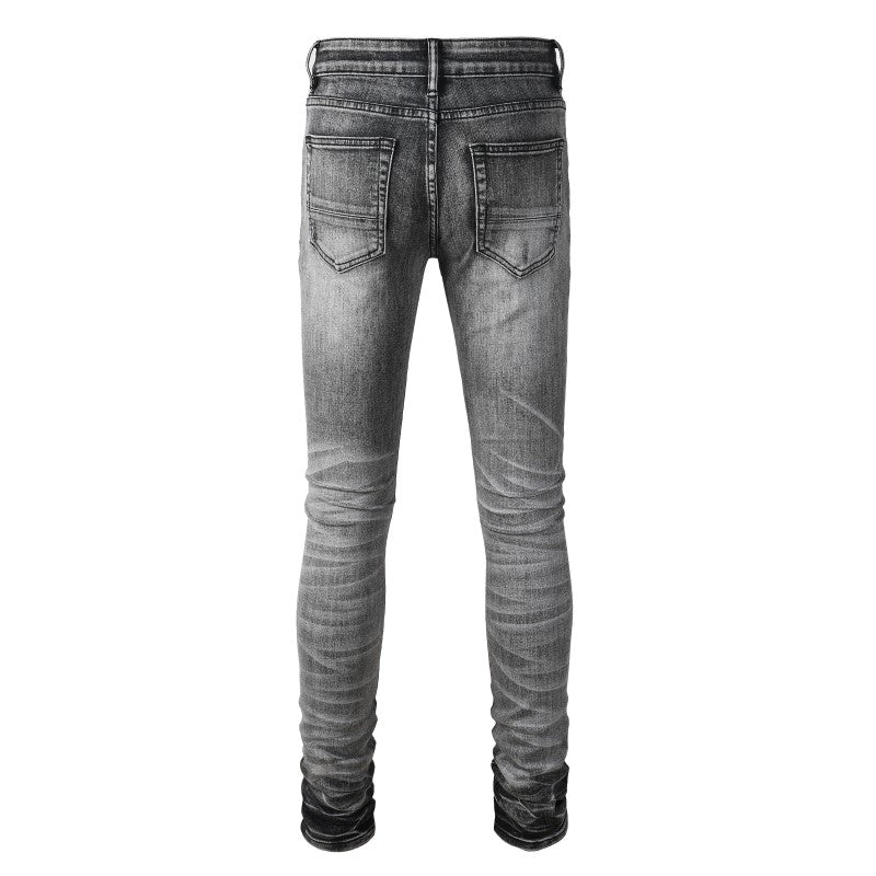 Ripped Black Patched Panel Jean - Grey Wash
