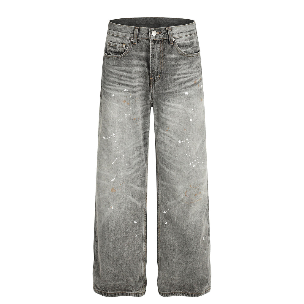Straight Baggy Paint Splash Jean - Light Grey