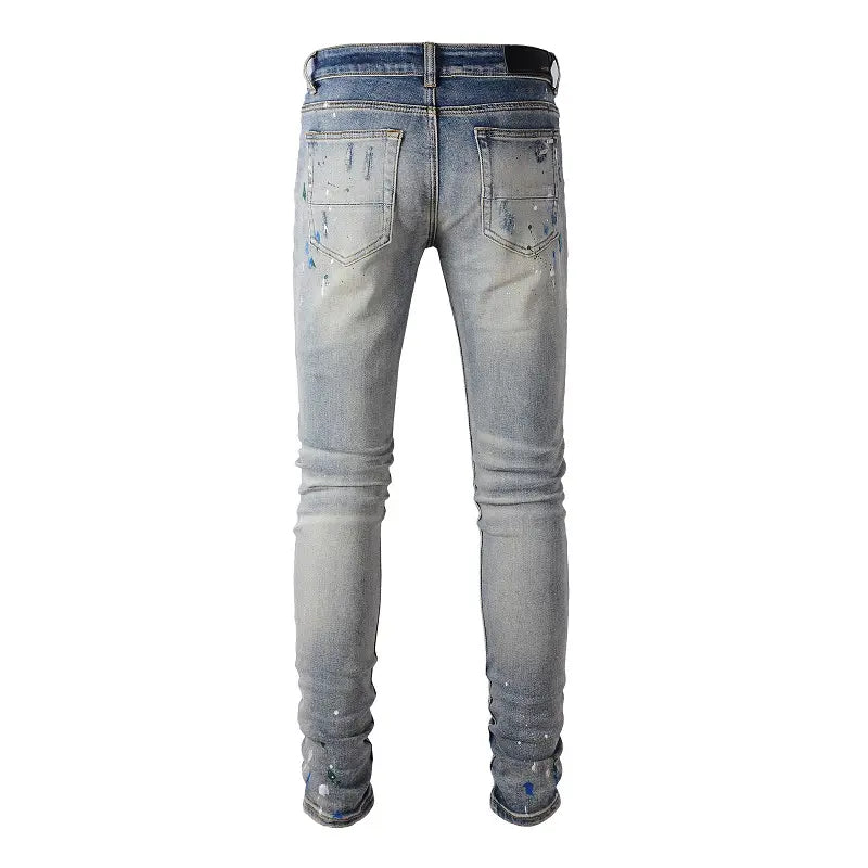 Ripped Paint Splash Panelled Jean - Light Blue - SAINT JAXON