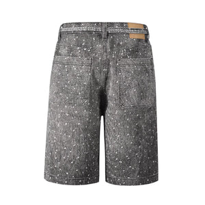 Rhinestone Paint Splash Denim Shorts - Black Wash
