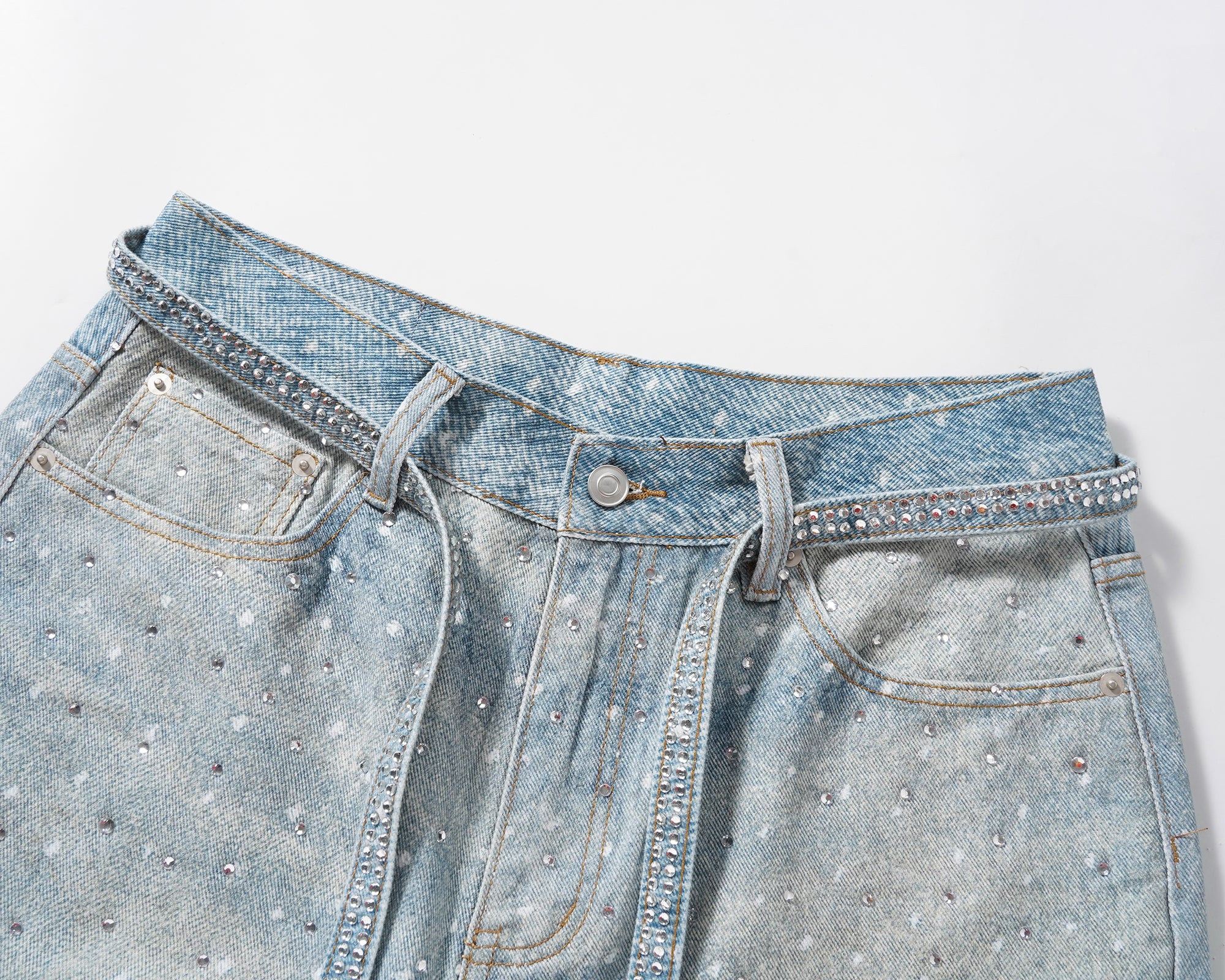 Rhinestone Paint Splash Denim Shorts - Light Blue
