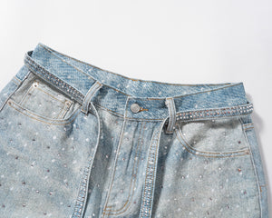 Rhinestone Paint Splash Denim Shorts - Light Blue