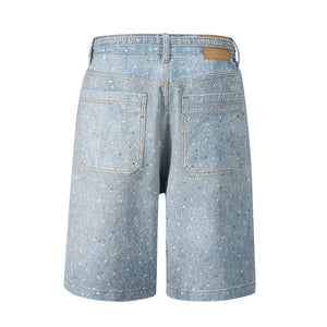 Rhinestone Paint Splash Denim Shorts - Light Blue