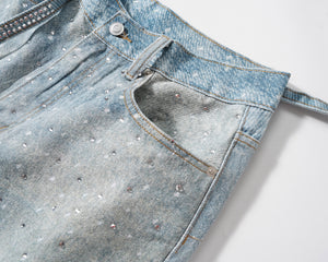Rhinestone Paint Splash Denim Shorts - Light Blue