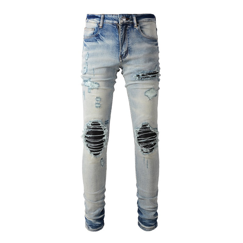 Ripped Panelled Patched Jean - Bleached Blue
