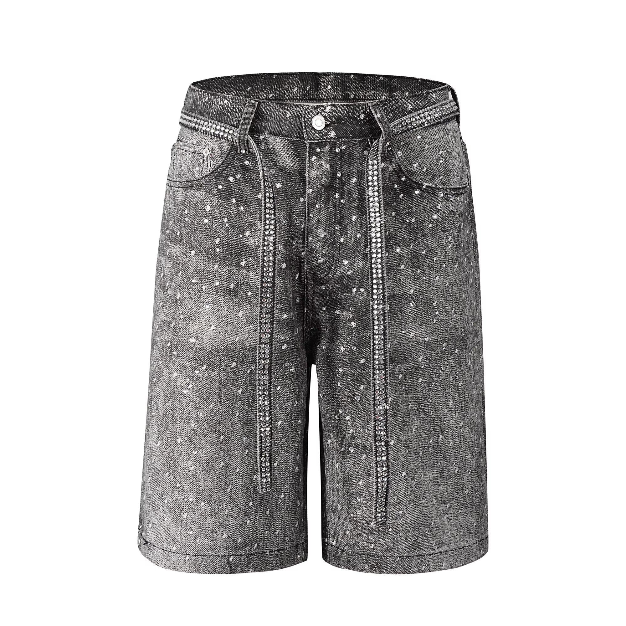 Rhinestone Paint Splash Denim Shorts - Black Wash