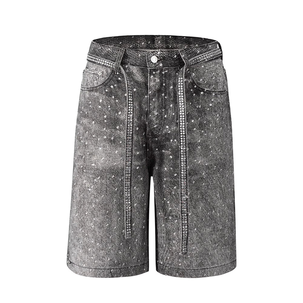 Rhinestone Paint Splash Denim Shorts - Black Wash