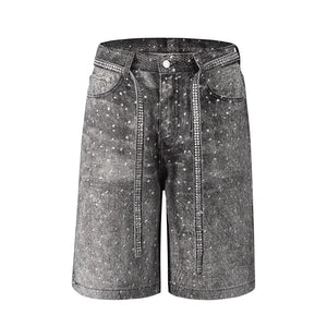 Rhinestone Paint Splash Denim Shorts - Black Wash