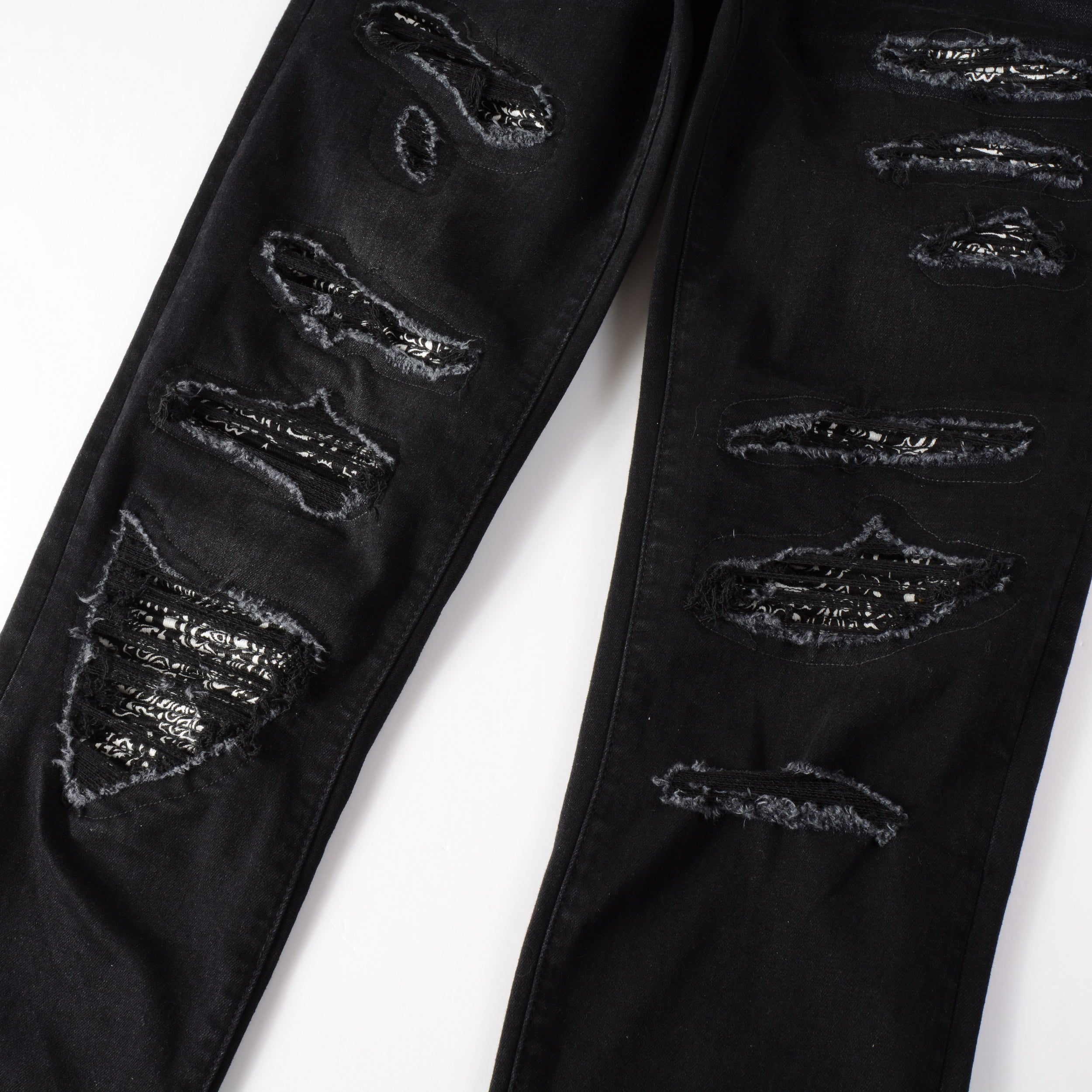 Ripped Panelled Multi Bandana Jean - Black