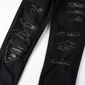 Ripped Panelled Multi Bandana Jean - Black