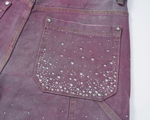 Rhinestone Repaired Cargo Denim Shorts - Purple