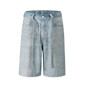 Rhinestone Paint Splash Denim Shorts - Light Blue