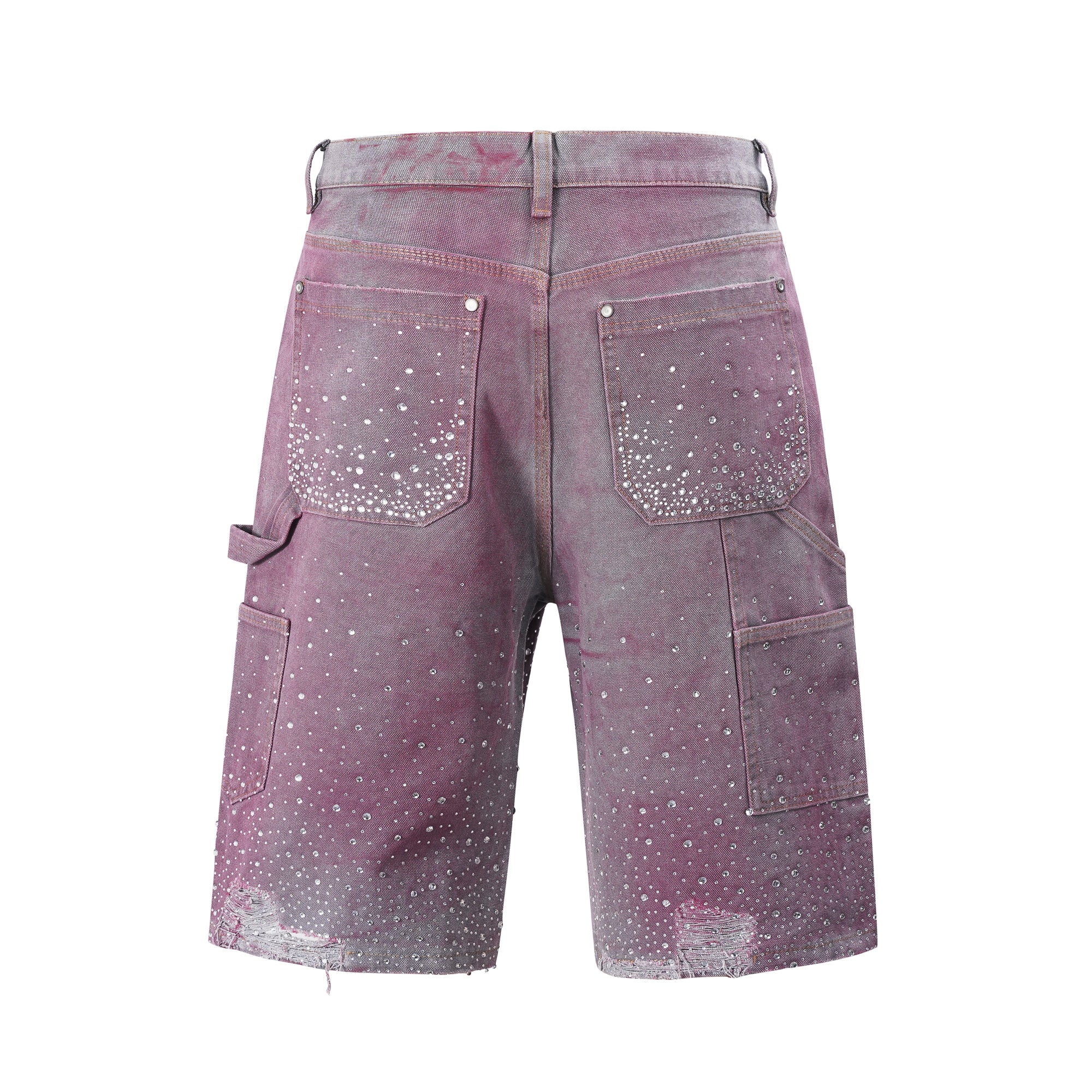 Rhinestone Repaired Cargo Denim Shorts - Purple