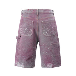 Rhinestone Repaired Cargo Denim Shorts - Purple