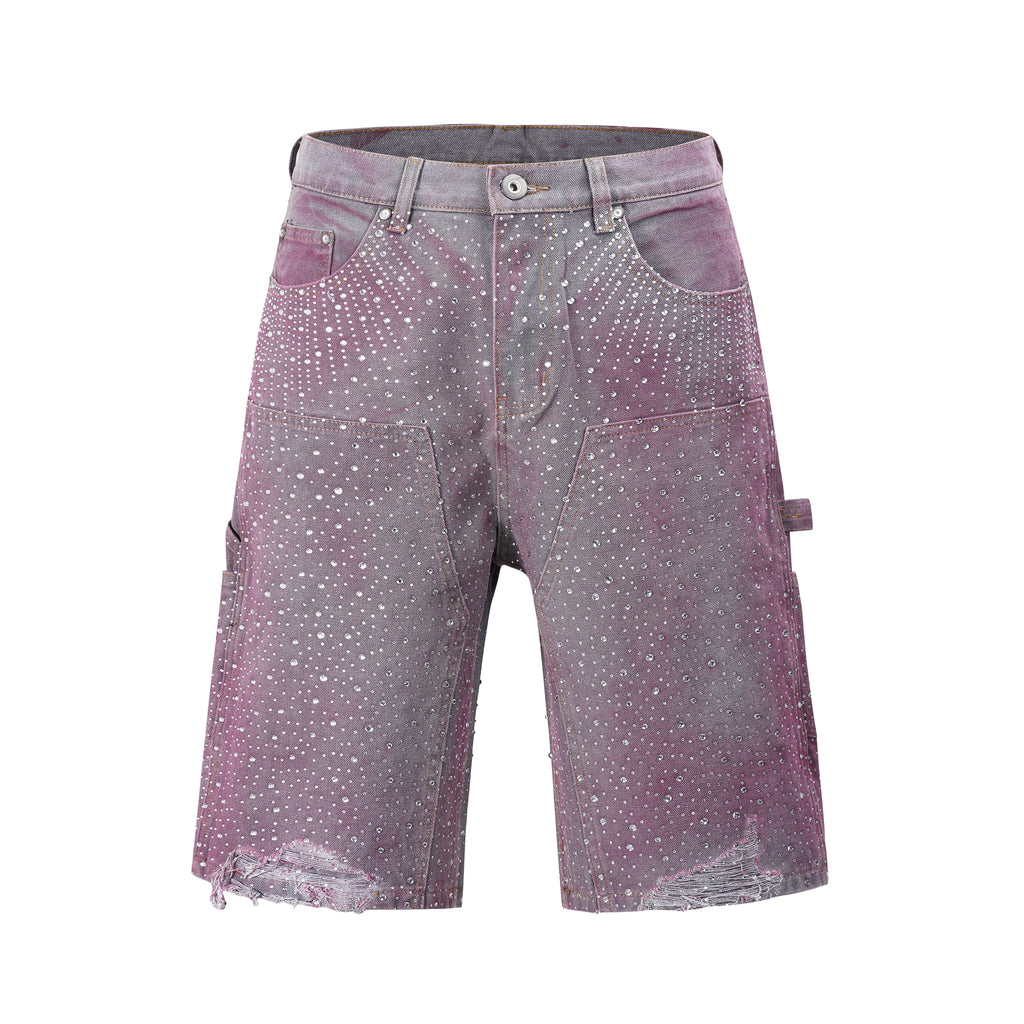 Rhinestone Repaired Cargo Denim Shorts - Purple